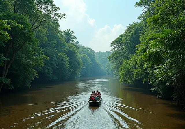 Boat travelling on the Amazon River through lush rainforest